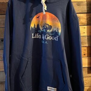 Life Is Good Men's Blue Hoodie with Sunset Graphic
